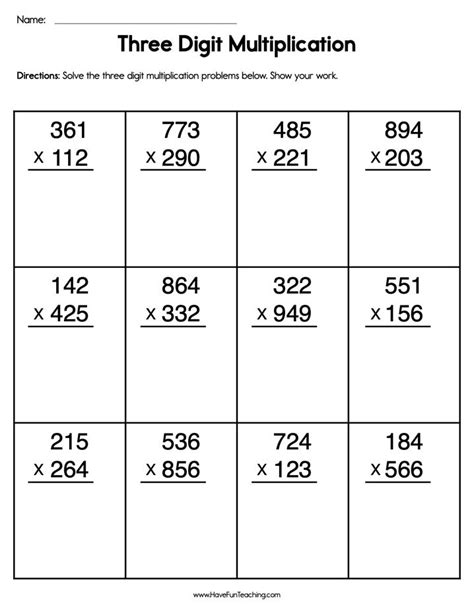 3 Digit Multiplication Worksheets