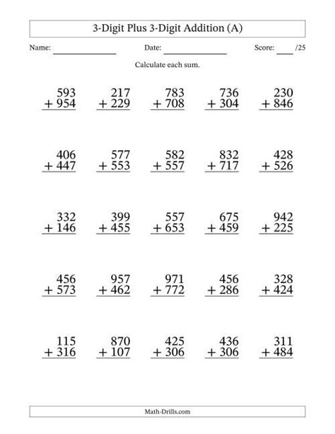3 Digit Plus 3 Digit Addition With Some Timed Math Drills Addition - Timed Math-drills Addition