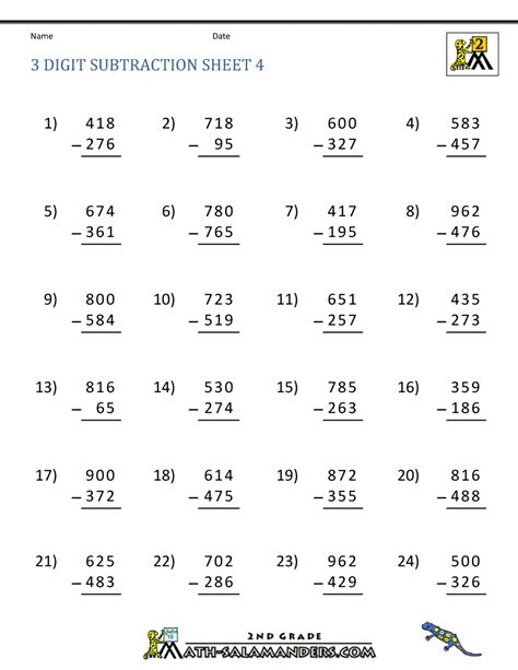 3 Digit Subtraction Worksheets Math Salamanders Subtraction With Carrying - Subtraction With Carrying