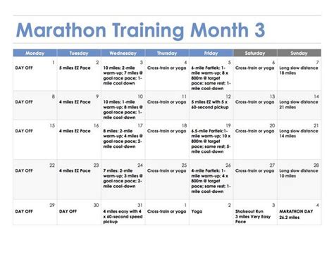 3 month marathon training plan. Marathon Training Schedule: Intermediate 1. Long Runs: The key to the program is the long run on weekends, which builds from 8 miles in the first week to a maximum of 20 miles. Although some experienced runners do train longer, I see no advantage in doing 23, 26 or even 31 mile runs. 