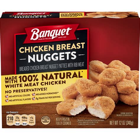  They have crisp breading on the outside, and the inside is soft, tender and moist chicken meat. This product contains no fillers, so you get a more wholesome and satisfying meal. Tyson Spicy Chicken Nuggets: 3.7 oz of Tyson chicken nuggets per box. Takes just 2 minutes to heat in the microwave. . 