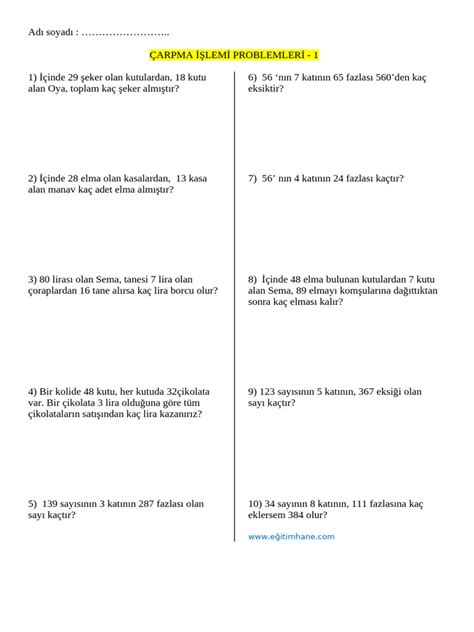 3 Sınıf Matematik Problemleri