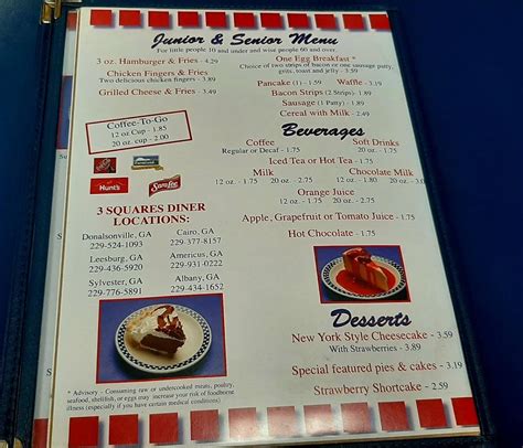 View the Menu of 3 Squares Diner in 401 E. 3rd St, Donalsonville, GA. Share it with friends or find your next meal. Where working people eat. A diner serving breakfast, lunch, and dinner.. 
