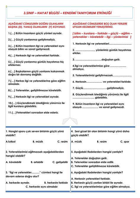3. Sınıf Hayat Bilgisi Kendimi Tanıyorum Etkinliği Maviokul.