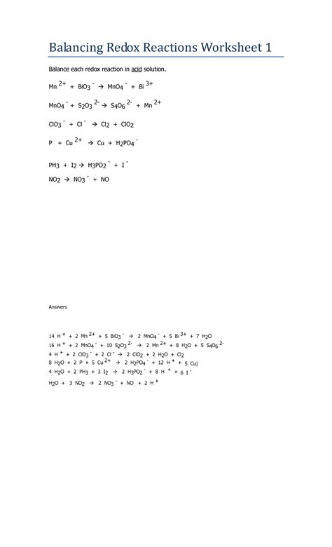 3.05 Balancing Redox Worksheet with Answers Balancing Redox