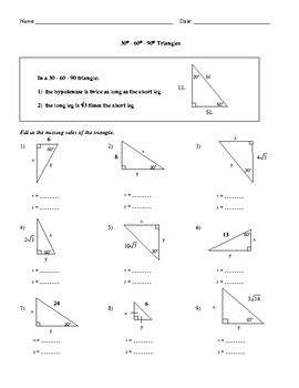 30 60 90 Triangle Worksheets Kiddy Math Worksheet 1 30 60 90 Triangles - Worksheet 1 30 60 90 Triangles