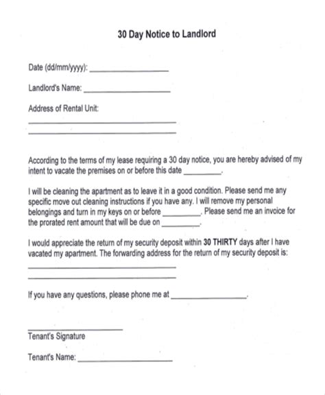 30 Day Notice To Landlord Free Template