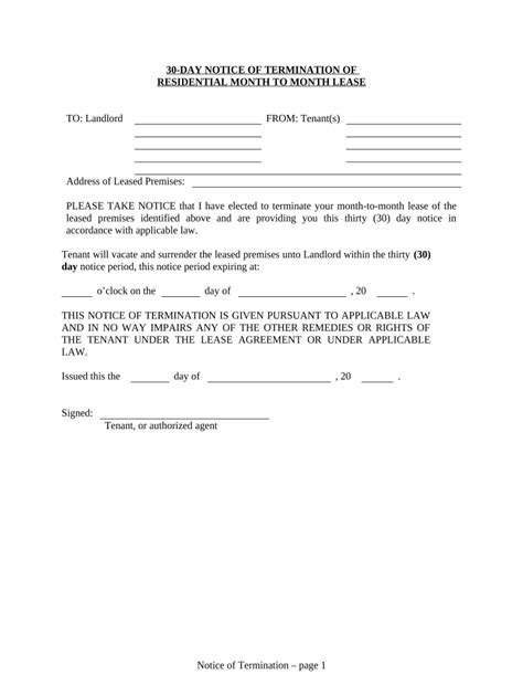 30 Day Notice to Terminate Month to Month Tenancy Fill and Sign