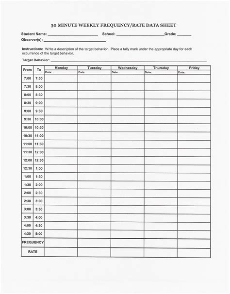 30 Minute Weekly Frequency Data Sheet Data collection sheets, Data