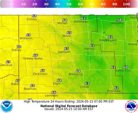 Extended Forecast for Bismarck ND . This Afternoon. Sunny. High: 60 °F. Tonight. Mostly Cloudy then Slight ... Cloudy, with a low around 39. Northeast wind 16 to 18 mph, with gusts as high as 30 mph. Friday. A 30 percent chance of showers, mainly before 1pm. Cloudy, with a high near 49. ... Bismarck ND 46.81°N 100.76°W. Last Update: 12:49 pm .... 