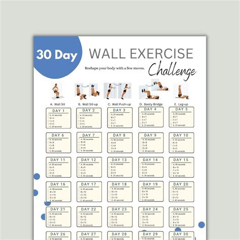 30 day wall pilates challenge. Day 1 – Introduction to Wall Pilates. Wall Squats: 3 sets of 10 reps. Wall Angels: 2 sets of 8 reps. Wall Stretch: Hold for 30 seconds, 3 sets. Day 3 – Core Focus. Wall Plank: 3 sets of 20 seconds. Wall Leg Raises: 2 sets of 12 reps (each leg) Wall Stretch: Hold for 30 seconds, 3 sets. Day 5 – Lower Body Strengthening. 
