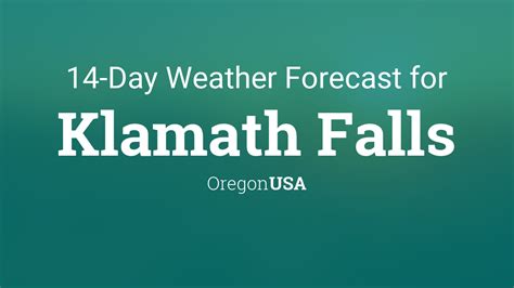 Extended weather forecast and weather maps for Klamath Falls, Oregon, USA. US Weather . National Weather States Weather. ... Columbus Day. Chance of rain. High: 71°F. Monday Night. Rain Likely. Overnight low: 45°F. Tuesday. Chance of showers. ... Type in a few letters of the place you want to search for to get a list of available weather .... 