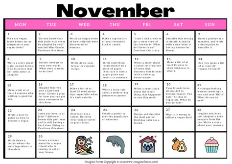 30 November Writing Prompts Free Calendar Printable Writing Prompts Calendar - Writing Prompts Calendar