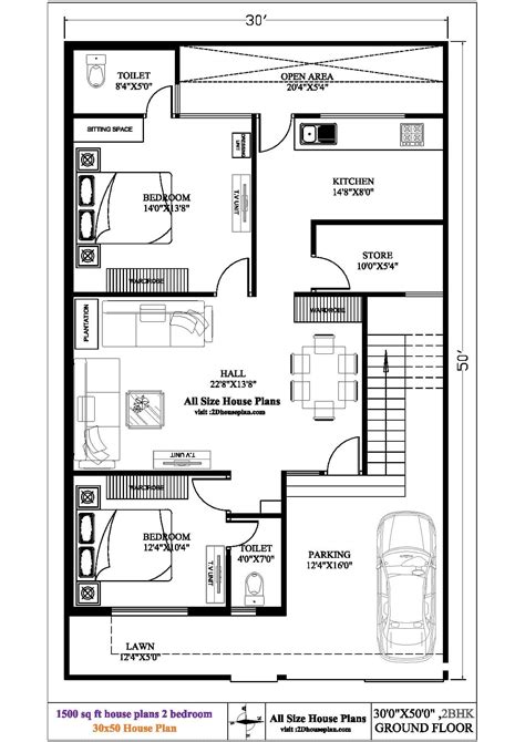 By deepak.bhatia.ynr1892_7170. Architectural layout plan of a Independent House size (30'x50'). It has been designed on G+1 floor. Here Ground Floor accommodates a Big hall, Guest room, Kitchen, Staircase and front back open area. Although first floor has been designed a spacious 2 bhk house.. 
