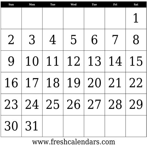 31 Day Calendar Template