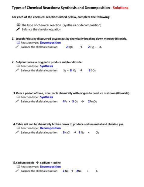 32 Synthesis And Decomposition Worksheet Answers Studylib Net Synthesis And Decomposition Reactions Worksheet Answers - Synthesis And Decomposition Reactions Worksheet Answers