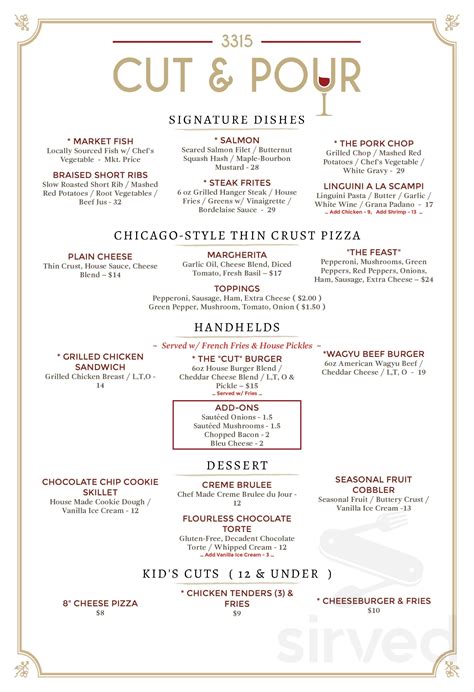 3315 Cut & Pour: This Wilmington steakhouse is offering meals to go on Christmas Eve. They're finalizing the menu now. Orders must be placed by Dec. 21. Details: www.3315cutandpour.com, 3315 .... 