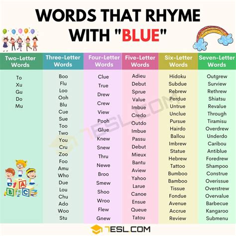 335 Best Words That Rhyme With Blue 7esl Rhyming Words Of Blue - Rhyming Words Of Blue