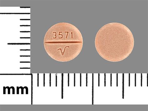 3571 V . Previous Next. Hydrochlorothiazide Strength 25 mg Imprint 3571 V Color Orange Shape Round View details. 1 / 2 Loading. b 775 7 1/2. ... All prescription and over-the-counter (OTC) drugs in the U.S. are required by the FDA to have an imprint code. If your pill has no imprint it could be a vitamin, diet, herbal, or energy pill, or an .... 