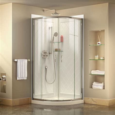  Corner shower kit includes glass door and panels, 2-piece ABS shower walls and acrylic base; Designed to fit a 36 in. corner wall space; Reversible pivoting glass shower door allows left or right door opening installation; Strikingly designed chrome top rail with a stylish curved chrome horizontal door handle; 1/4 in. (6 mm) thick clear ... 