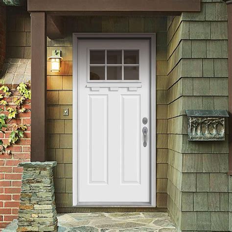 This steel exterior door from Mastercraft® is ADA approved. It features a classic, primed white, six panel design with a matching frame and an energy-saving core to make it a great investment for your home. This door has a right inswing, which means the knob is on the right side when you pull the door toward you.. 