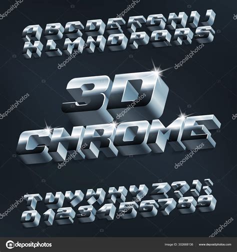 3D Chrome Alphabet Font. Metallic Letters and Numbers with Shadow