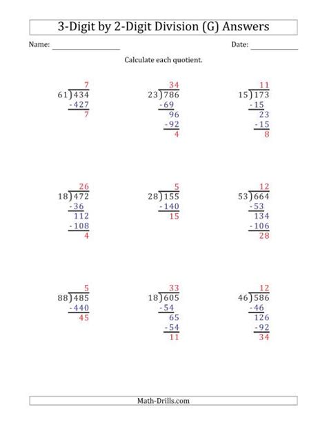 3Digit by 2Digit Long Division with Remainders and Steps Shown on