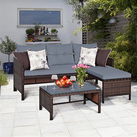 3PCS Patio Rattan Conversation Furniture Set Outdoor Yard …