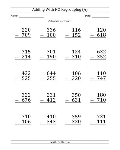 3Rd Grade Homework Sheets Printable Large Print 3Digit Math