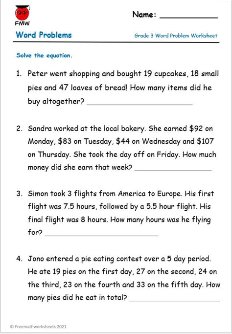 3rd Grade Math Word Problems Worksheet Worksheets Library