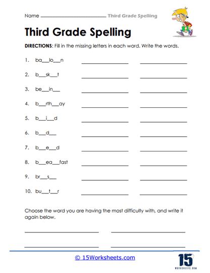 3rd Grade Worksheets Spelling Learning Printable