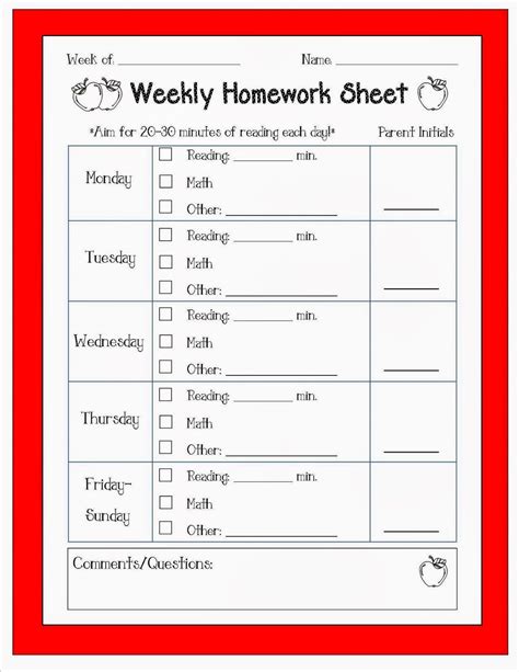 3rd Grade Weekly Homework Log Sheets Free Printable Weekly Homework Sheet 4th Grade - Weekly Homework Sheet 4th Grade