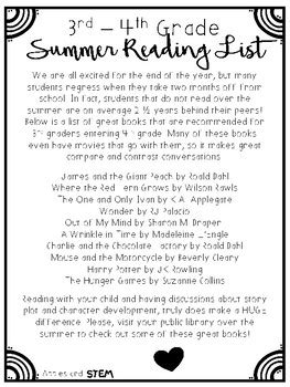 3rd to 4th grade summer reading list.  Massachusetts Department of Elem...