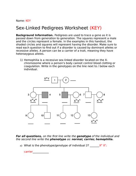 4 13 Sex Link Pedigrees Name Key Sex Constructing A Pedigree Worksheet Answers - Constructing A Pedigree Worksheet Answers