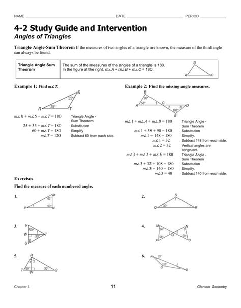 Study Guide And Intervention. NAME DATE 4-1 PERIOD Study Guide and Intervention Classifying Triangles Classify Triangles by Angles One way to classify a triangle is by the measures of its angles. • 5x 6x - 5 6x° 3. 5 NAME DATE 8-3 PERIOD Study Guide and Intervention Special Right Triangles Properties of 45°-45°-90.... 