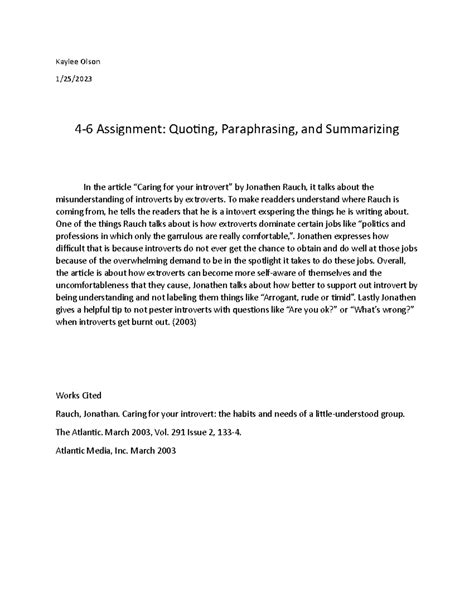 4 6 Assignment Quoting Paraphrasing And Summarizing Caring For Your Introvert