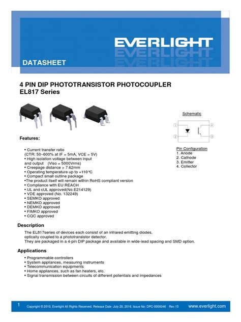 4 PIN DIP PHOTOTRANSISTOR PHOTOCOUPLER EL817 Series