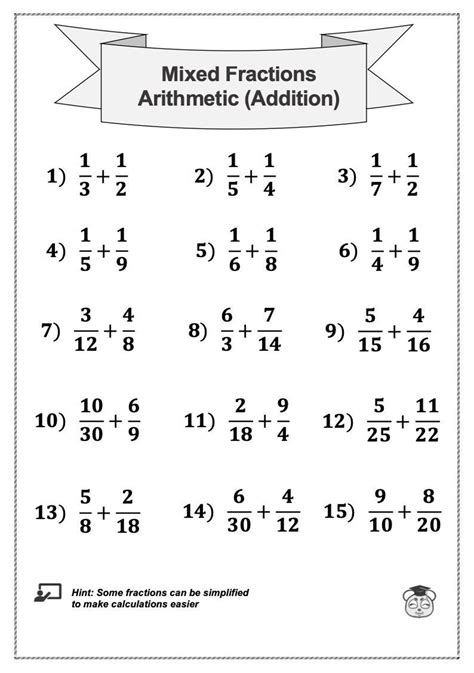 4 Printable Mixed Fraction Arithmetic Math Worksheet! Addition