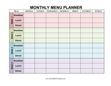 4 Week Colored Menu Planner Openoffice Template