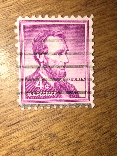 RARE Abraham Lincoln 4 Cent US Postage Purple Stamp Cancelled. $25. Hobbies. › Collectible Stamps. Ships for $4.00. Estimated arrival Oct 17 - Oct 19.. 