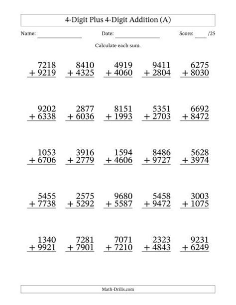 4 Digit Plus 4 Digit Addition With Some Math Drills Addition - Math-drills Addition