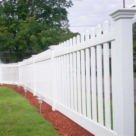 Features & Specifications. Fence kit; assembly required. Rackable up to 8-in in height over 8-ft of sloped terrain. Works with pre-routed 5×5 posts: line, corner, end. Made of heavy-duty, low-maintenance vinyl construction. Transferable Limited Lifetime Warranty guarantees lasting strength and beauty.. 