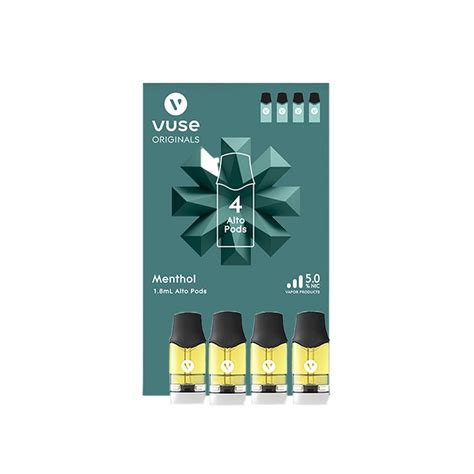  Key Features of VUSE Alto Menthol Pods. Pack of 2 pre-filled pods by VUSE. Available in an 18mg (1.8%) nicotine strength. 1.8ml pre-filled pod (not refillable) Compatible with the VUSE Alto. Flavor Profile: Menthol. . 