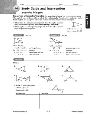 Chapter 4 Resource Masters. Study Guide and Intervention. Properties of Isosceles Triangles. An. isosceles triangle. has two congruent sides. The angle formed by these sides is called the. vertex angle. The other two angles are called.