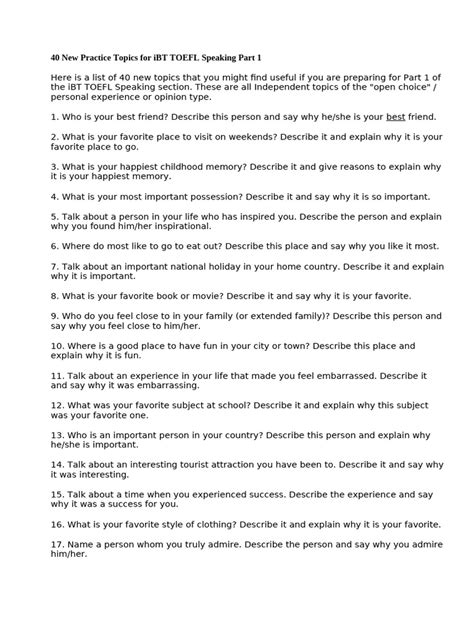 40 New Practice Topics For Ibt Toefl Speaking Part 1 4