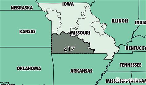 417 area. Area Code 417 History: 01/01/1950. Area code 417 was officially put into service. Area code 417 was created from a split of area codes 314 and 816. Counties in Missouri within area code 417 include: Barry County, Barton County, Bates County, Cedar County, Christian County, Dade County, Dallas County, Douglas County, Greene County, Hickory ... 