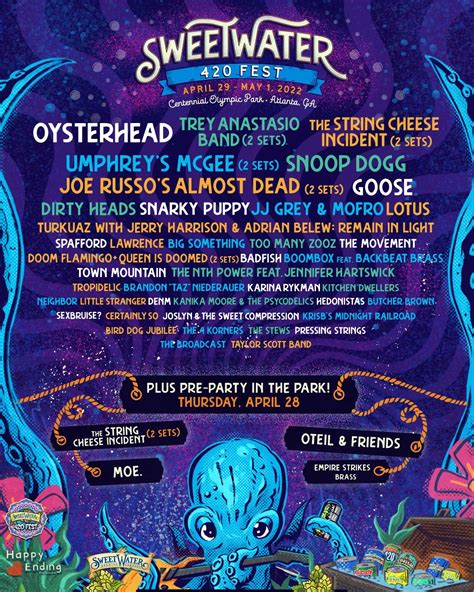 420 festival sweetwater. SweetWater 420 Festival tickets are on sale October 8 at 10am. Tier one three-day GA tickets start at $118, three-day Big Fish VIP at $350, the newly added three-day GA Kush at $198, and premium Riff VIP passes including a range of exclusive amenities. Plus! Purchase your 420 Fest pre-party ticket for Thursday, April 28, for an additional fee ... 