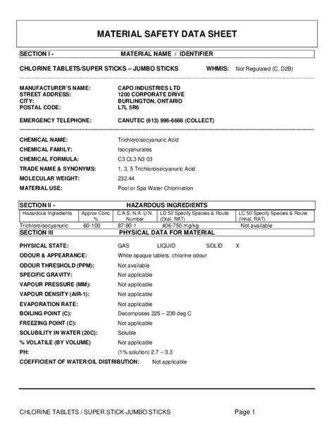 43+ Material Safety Data Sheet Chlorine Tablets PNG Best Information