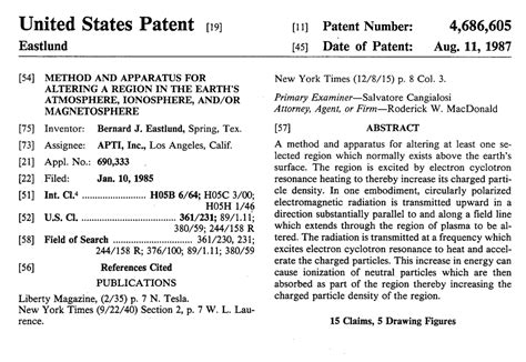 4686605. With the purchase of APTI, E-Systems acquired the strategic weather warfare technology and patent rights, including Bernard J. Eastlund's US Patent No: 4,686,605 entitled "Method and Apparatus for Altering a Region in the Earth's Atmosphere, Ionosphere and/or Magnetosphere". 