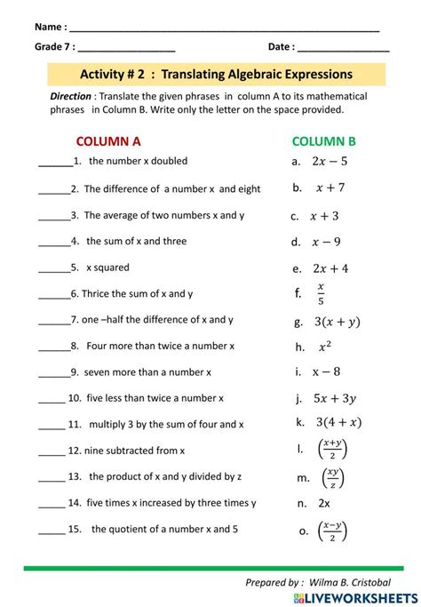 48 Translating Algebraic Expressions Worksheet